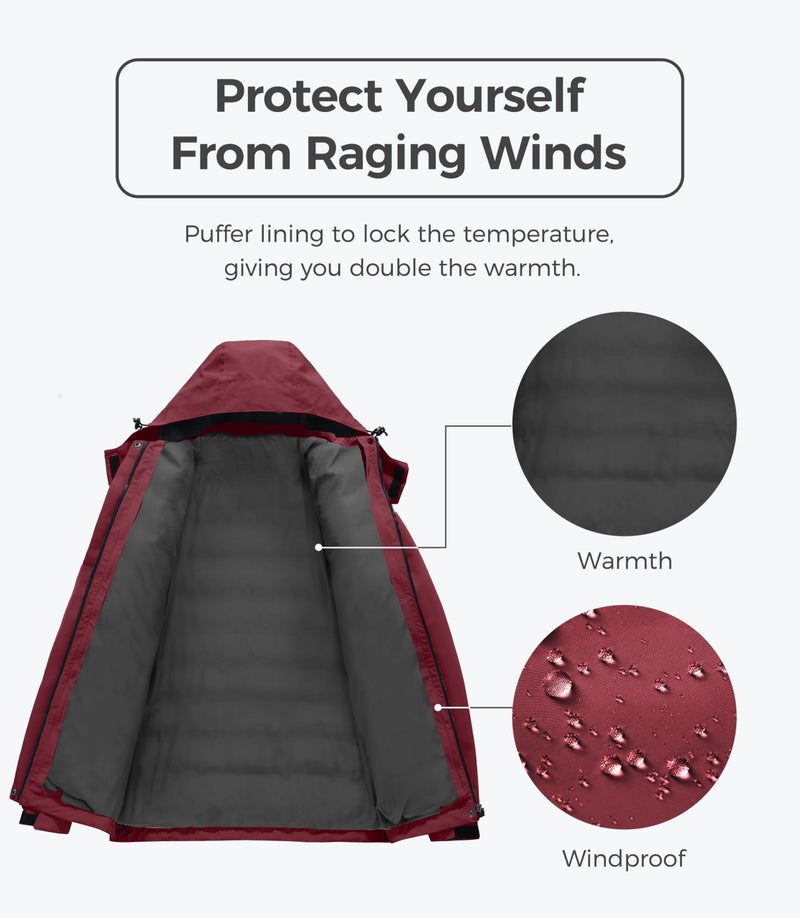 wantdo Women's Snowboarding Coat Windproof Raincoat with Removable Puffer Winter Jacket Wine Red L - Image 4